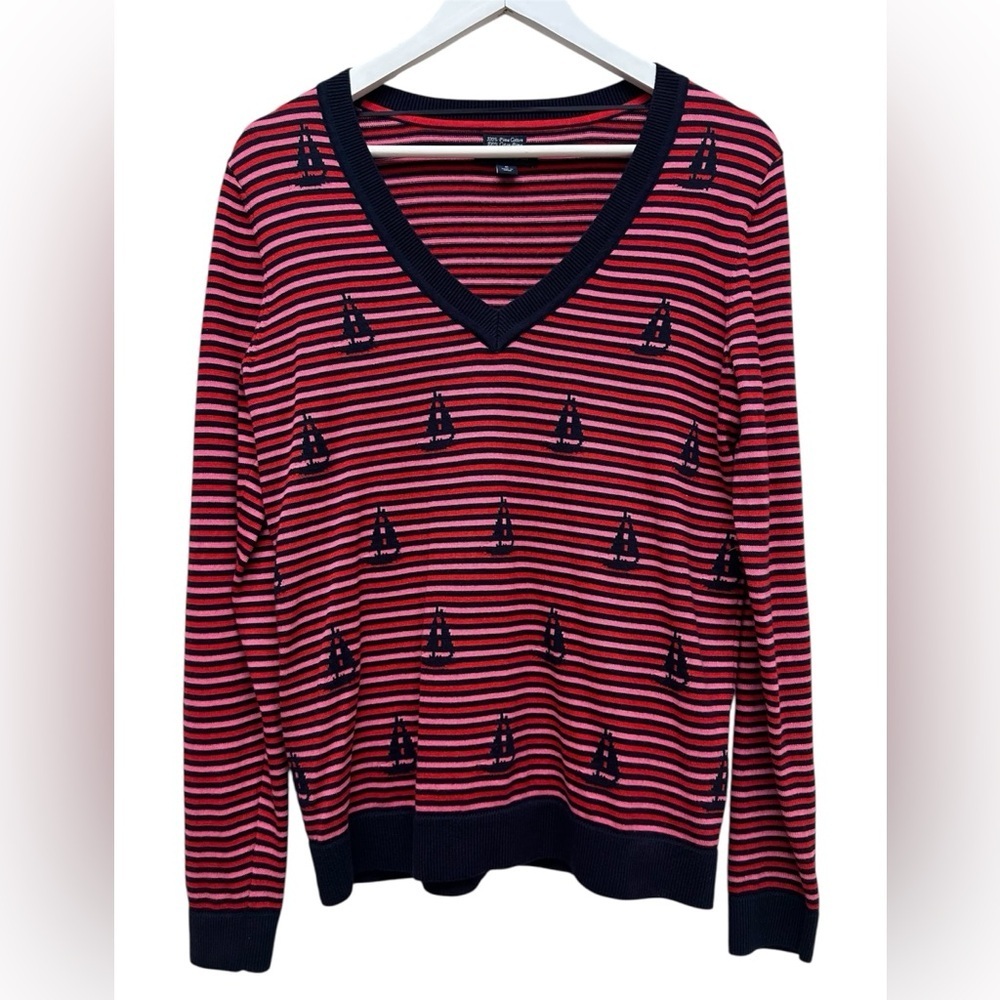 Tommy Hilfiger Women’s V-Neck Sweater Nautical Sailing Golf Preppy Striped Sz M